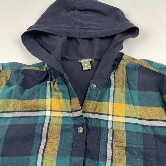 Eddie Bauer Hooded Flannel Shirt Jacket Women’s M Plaid Lined Outdoors Hike Work - Picture 9 of 12